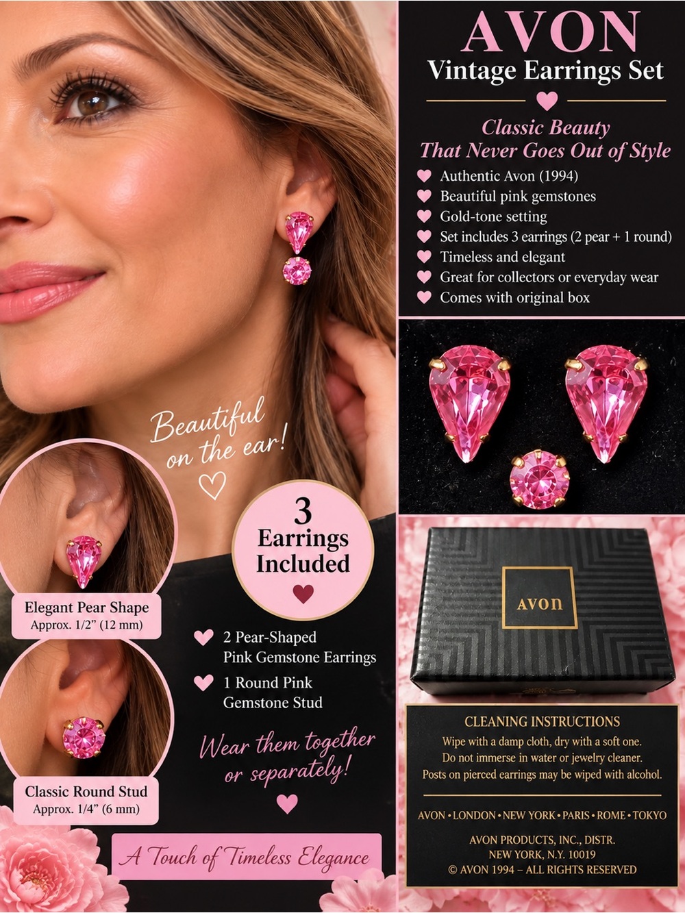 Avon Pink Gemstone Earrings Set - Gold Tone-1pice missing
